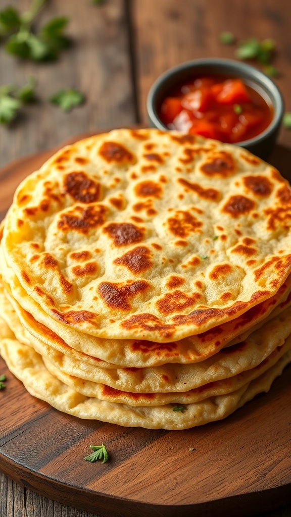 A stack of golden Santiago-style tortillas on a wooden table with herbs and salsa.